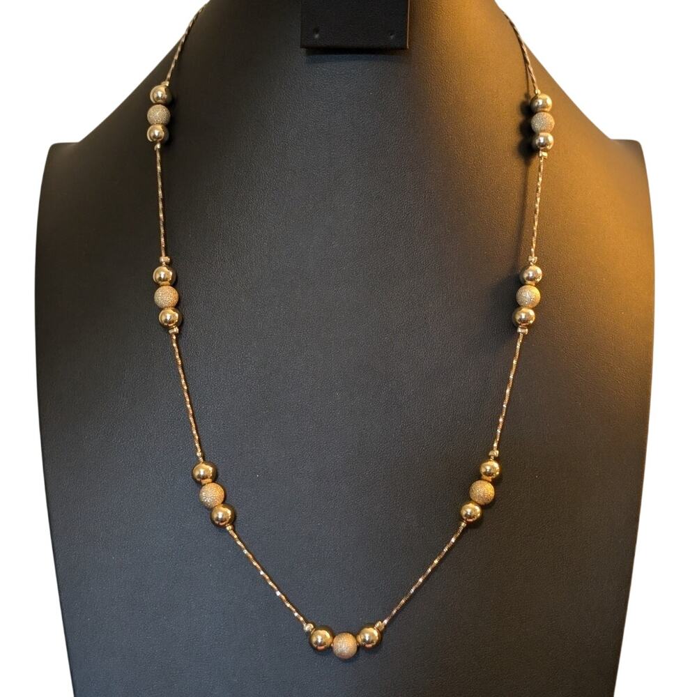 Vtg Etienne Aigner Textured & Polished 3 Bead Station Two Tone Chain Necklace